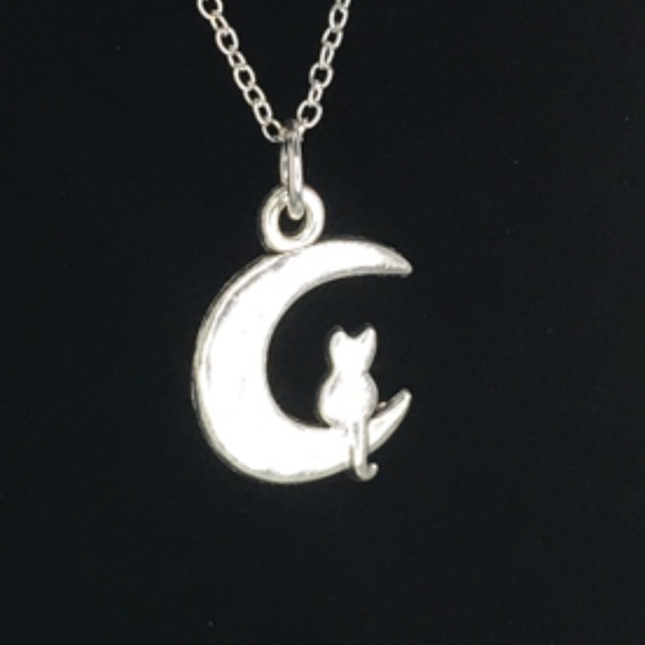 SILVER Plate Chain Kitty on Quarter Moon Necklace Hand-Crafted - Picture 4 of 7